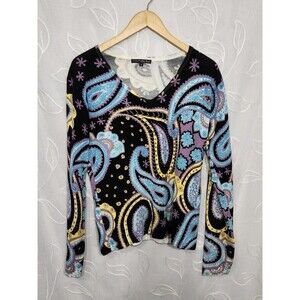 VTG Pierri New York Beaded Womens Top Paisley Size Medium Blue Purple